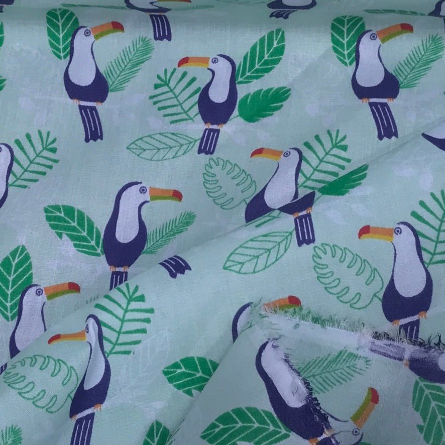 Toucan Birds Green Polycotton Fabric – Tropical Jungle Leaf Print Dress Craft Quilting – 45” - Bull Ring Fabrics