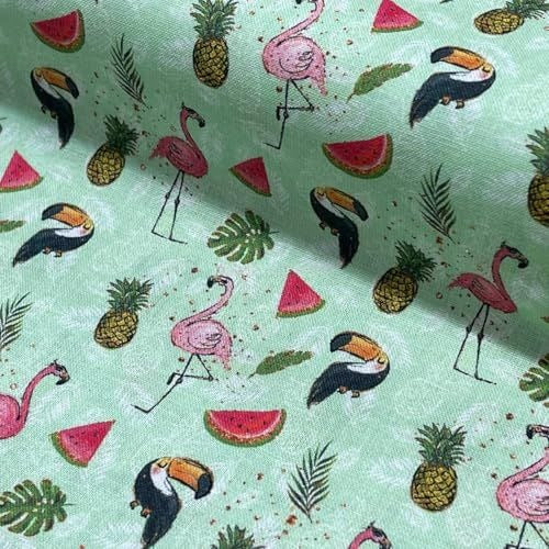 Tropical Birds Flamingo Toucan/Pecans 100% Cotton Craft Fabric 54", Green - Bull Ring Fabrics