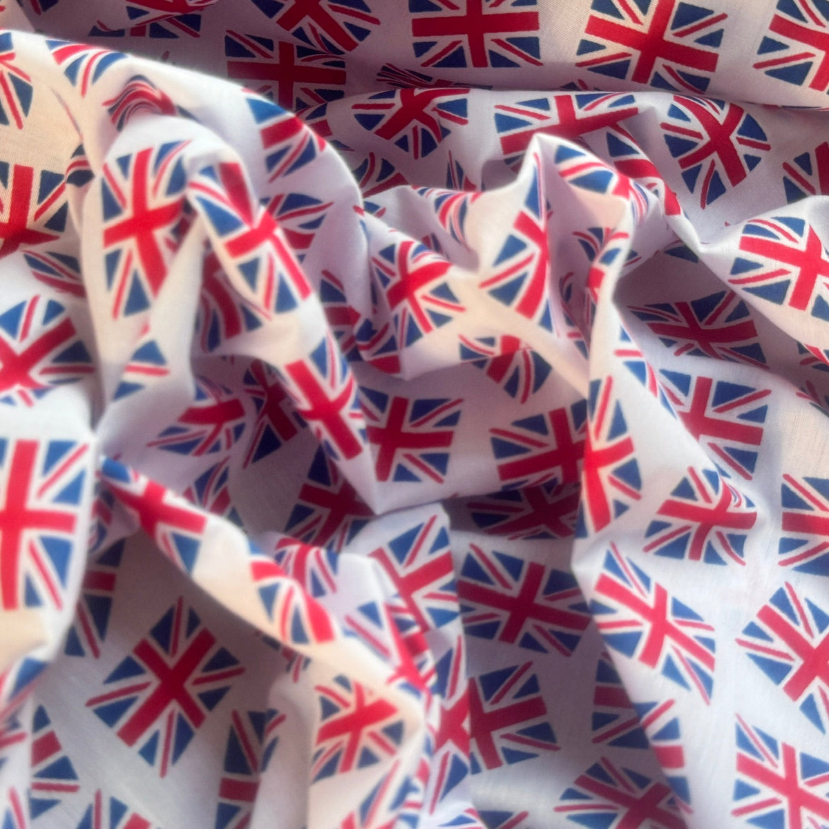Union Jack Heart Polycotton Fabric – British Flag Heart Print Dress & Craft Fabric – White – 45” Wide – Per Metre - Bull Ring Fabrics