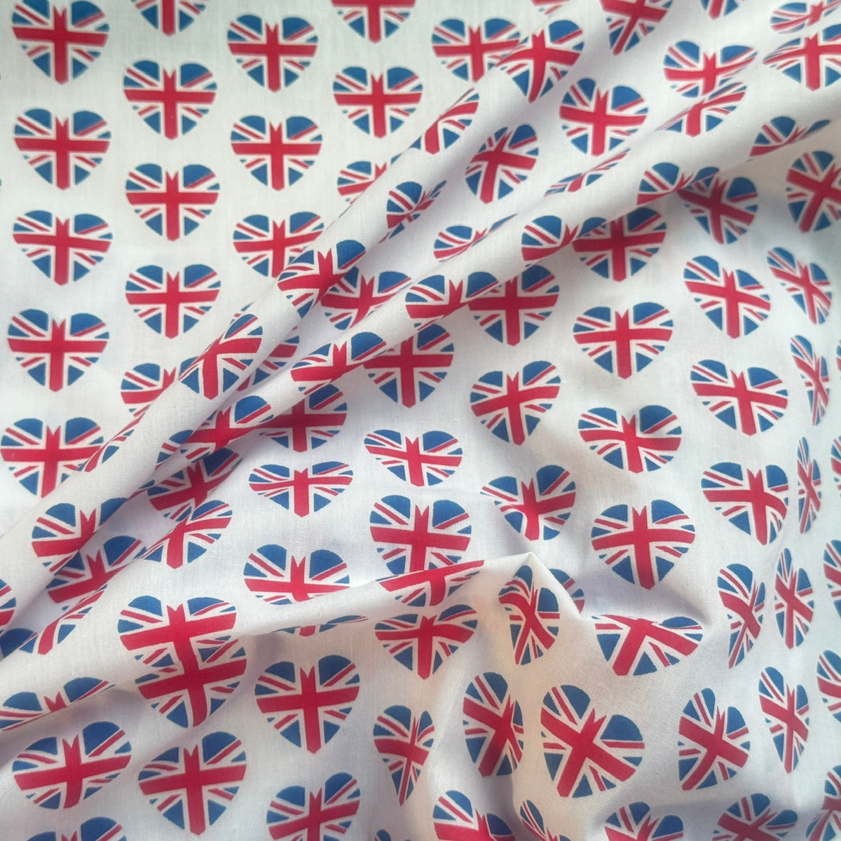 Union Jack Heart Polycotton Fabric – British Flag Heart Print Dress & Craft Fabric – White – 45” Wide – Sold by the Metre - Bull Ring Fabrics