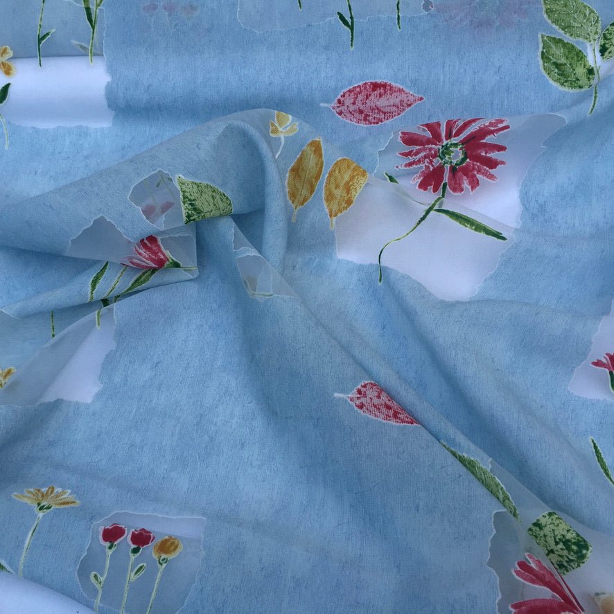 Voile Fabric Floral Flowers Kitchen Net Curtain Dress Material 150cm, Blue - Bull Ring Fabrics