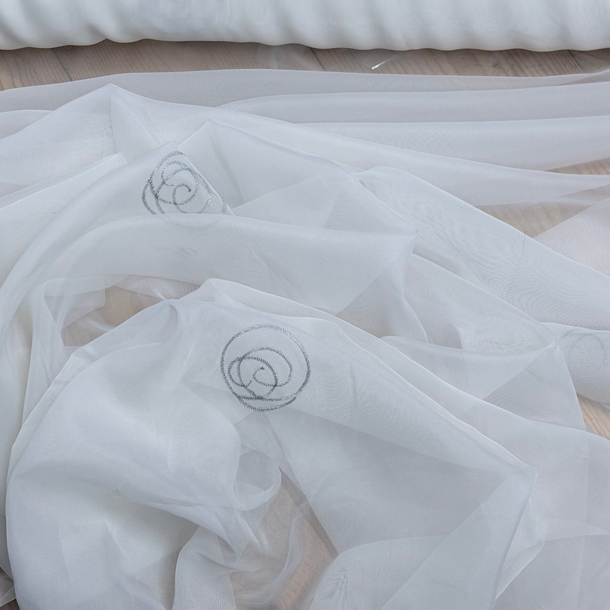White Voile Fabric Embroidered Silver Circles Curtain Draping 60" - Bull Ring Fabrics