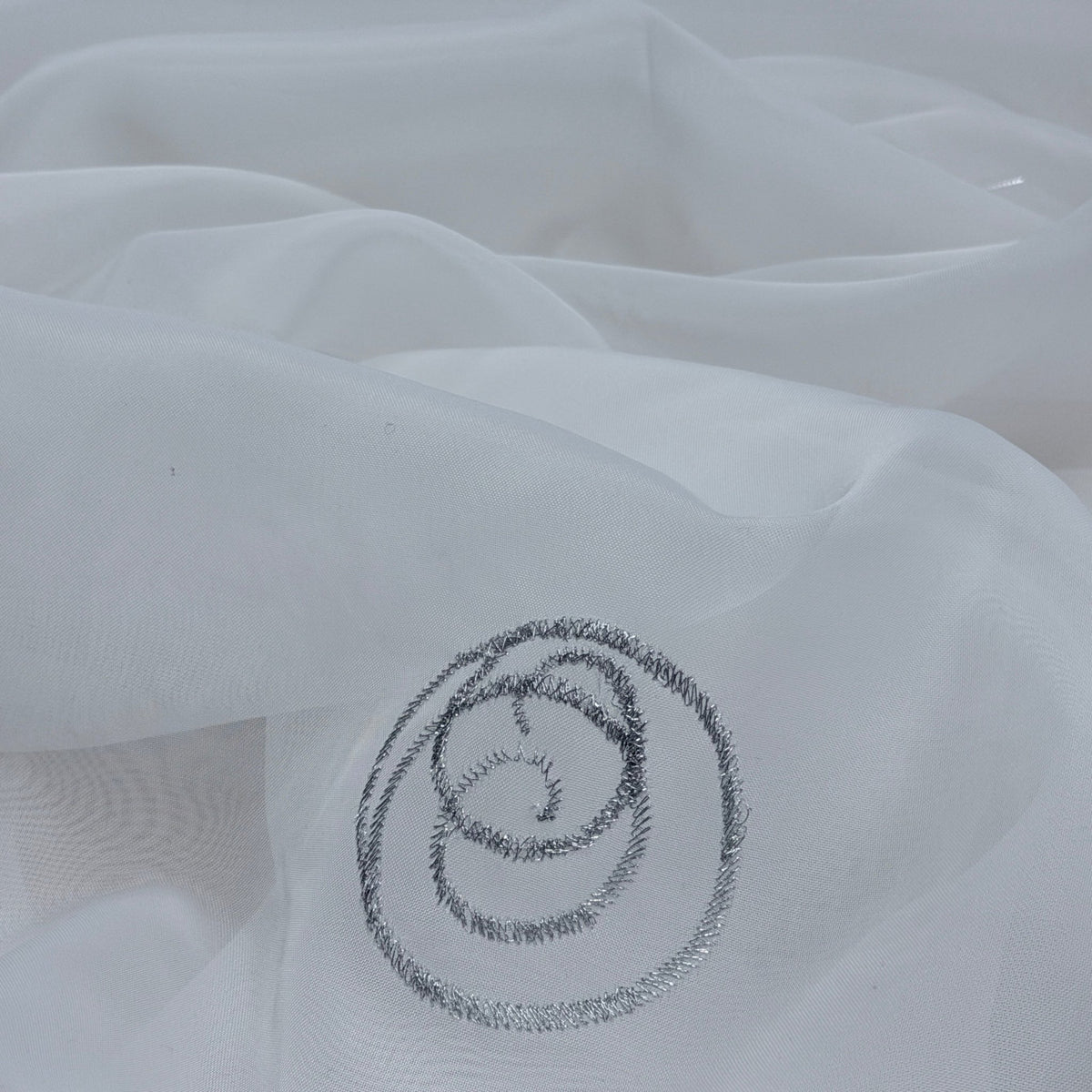 White Voile Fabric Embroidered Silver Circles Curtain Draping 60" - Bull Ring Fabrics