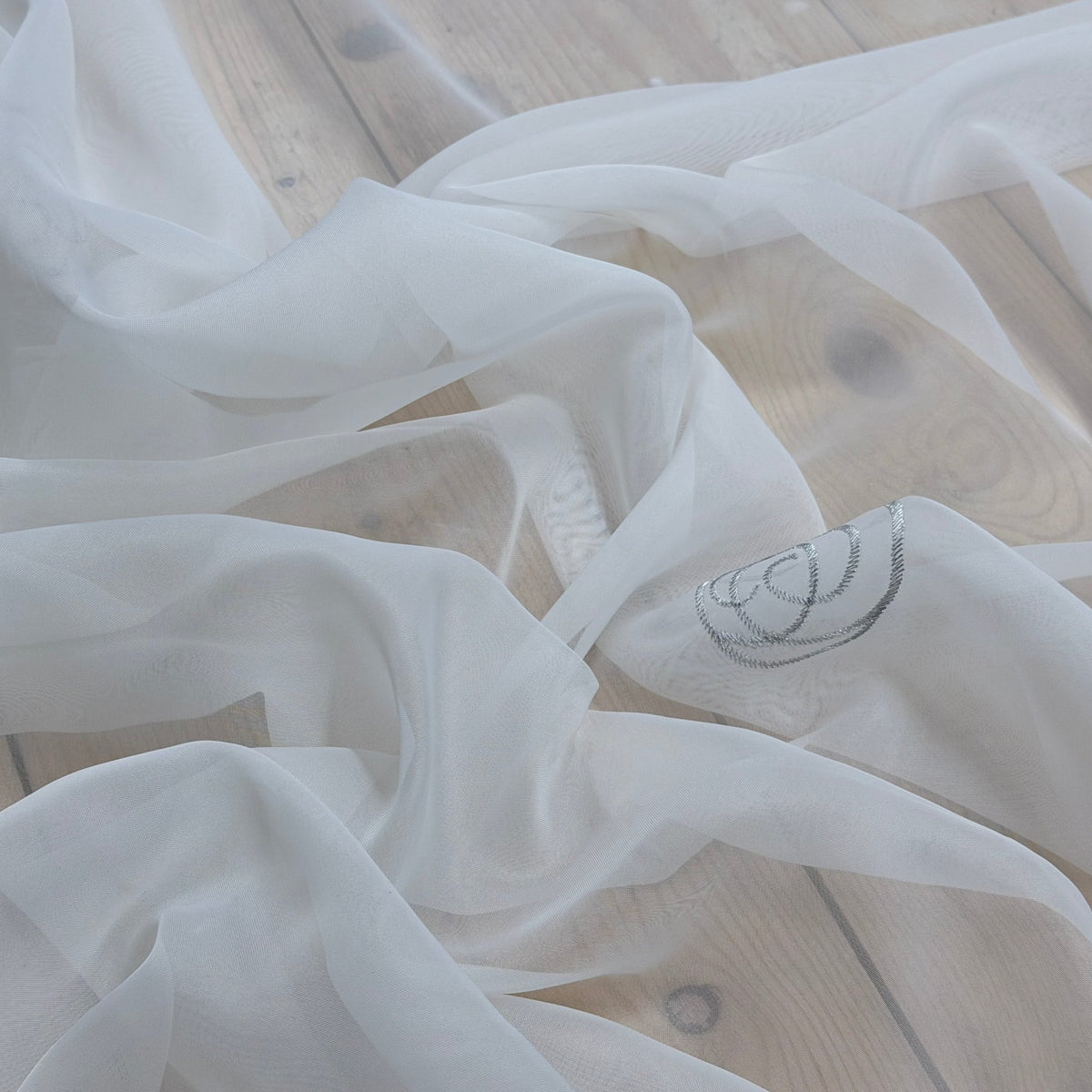 White Voile Fabric Embroidered Silver Circles Curtain Draping 60" - Bull Ring Fabrics