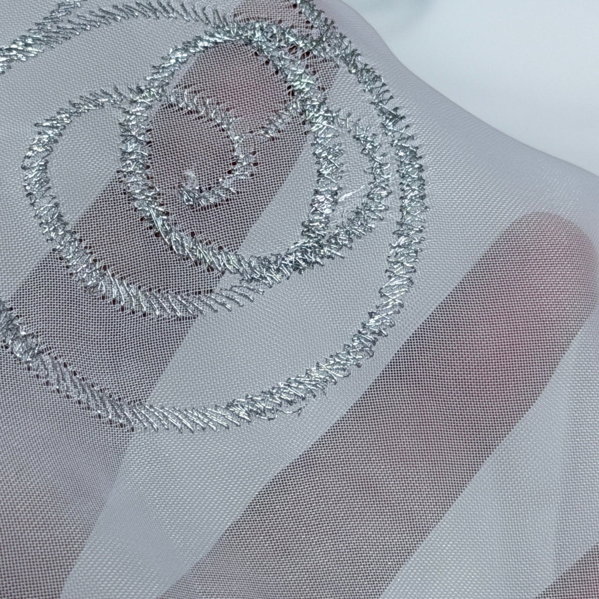 White Voile Fabric Embroidered Silver Circles Curtain Draping 60" - Bull Ring Fabrics