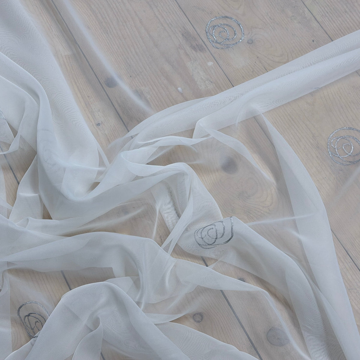 White Voile Fabric Embroidered Silver Circles Curtain Draping 60" - Bull Ring Fabrics