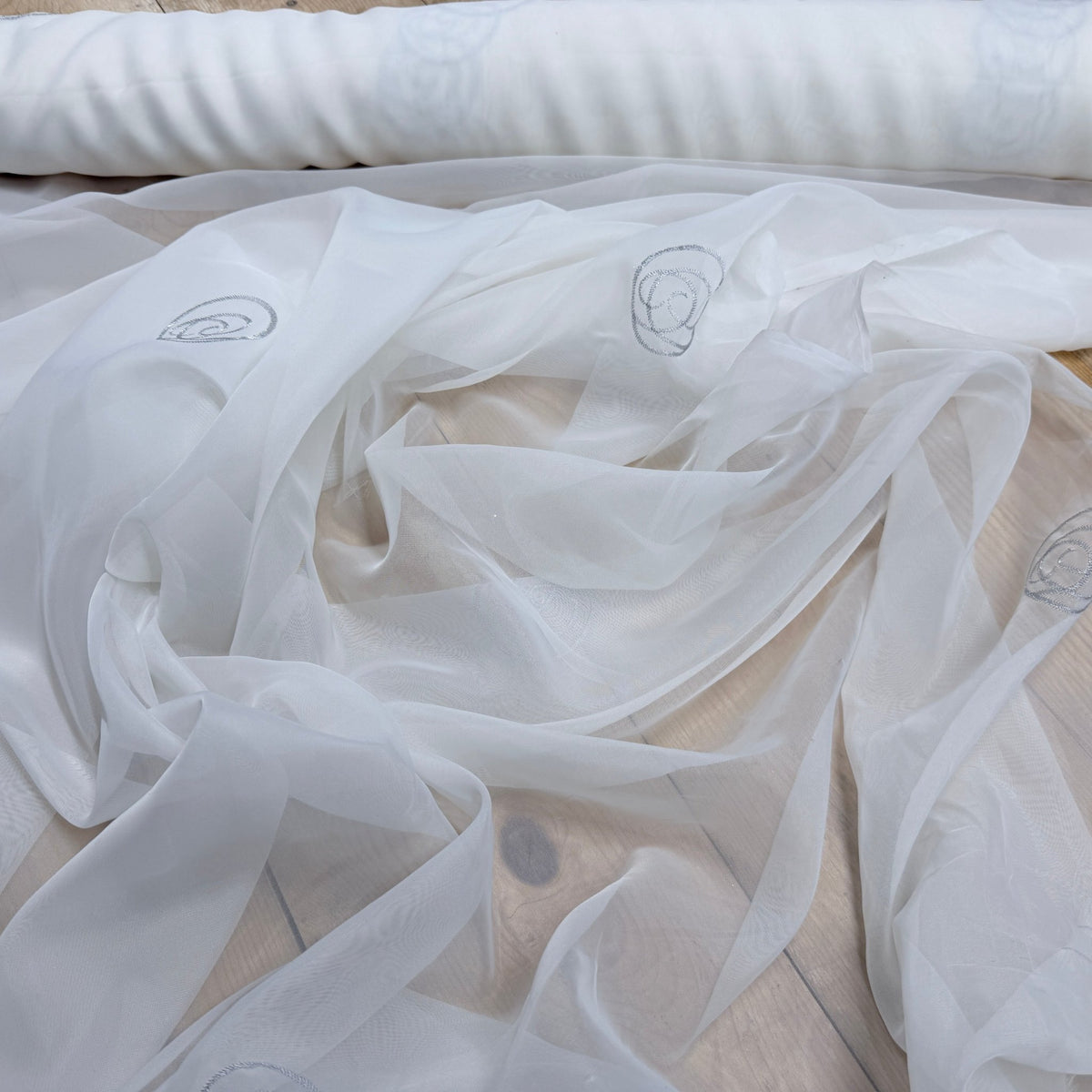 White Voile Fabric Embroidered Silver Circles Curtain Draping 60" - Bull Ring Fabrics