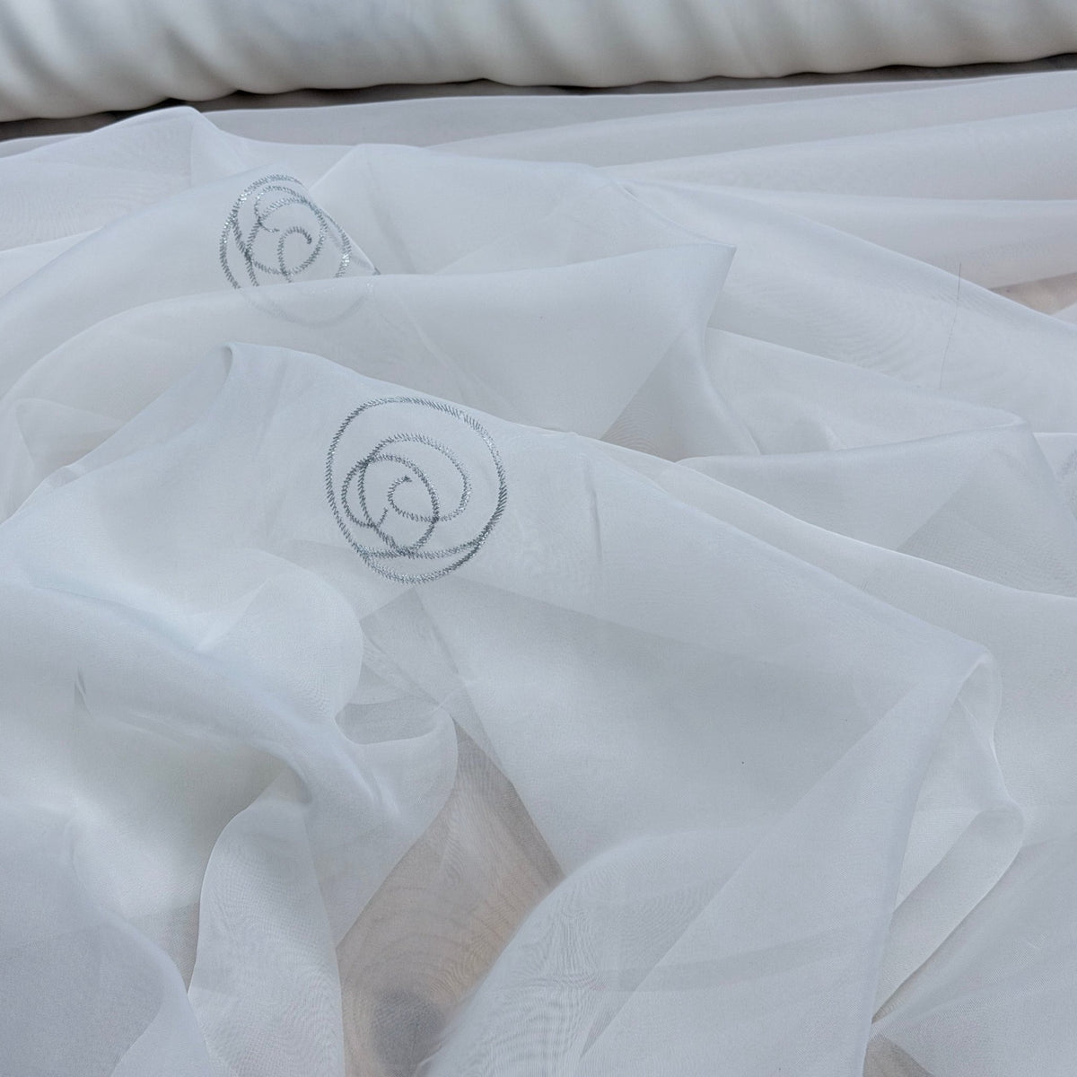 White Voile Fabric Embroidered Silver Circles Curtain Draping 60" - Bull Ring Fabrics