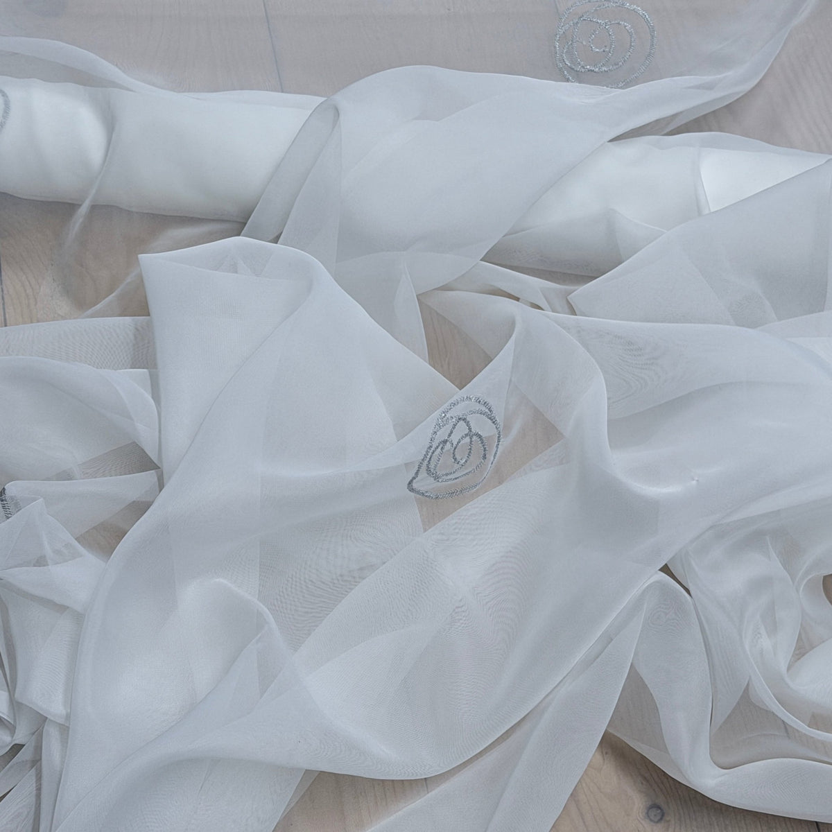 White Voile Fabric Embroidered Silver Circles Curtain Draping 60" - Bull Ring Fabrics