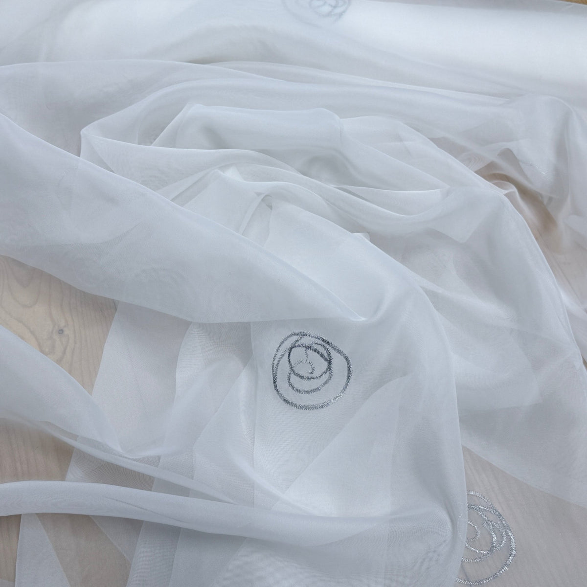 White Voile Fabric Embroidered Silver Circles Curtain Draping 60" - Bull Ring Fabrics