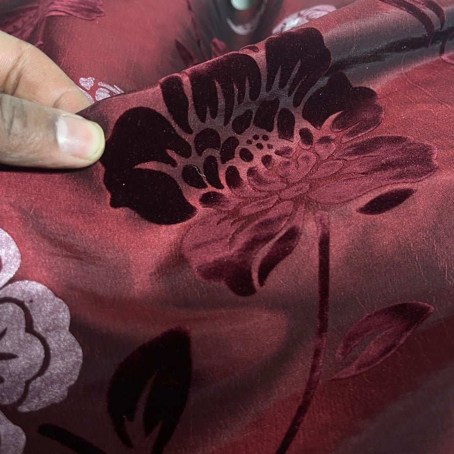 Wine/Red Velvet Flock Taffeta Fabric Silver Floral Roses Dress Material 150cm - Bull Ring Fabrics