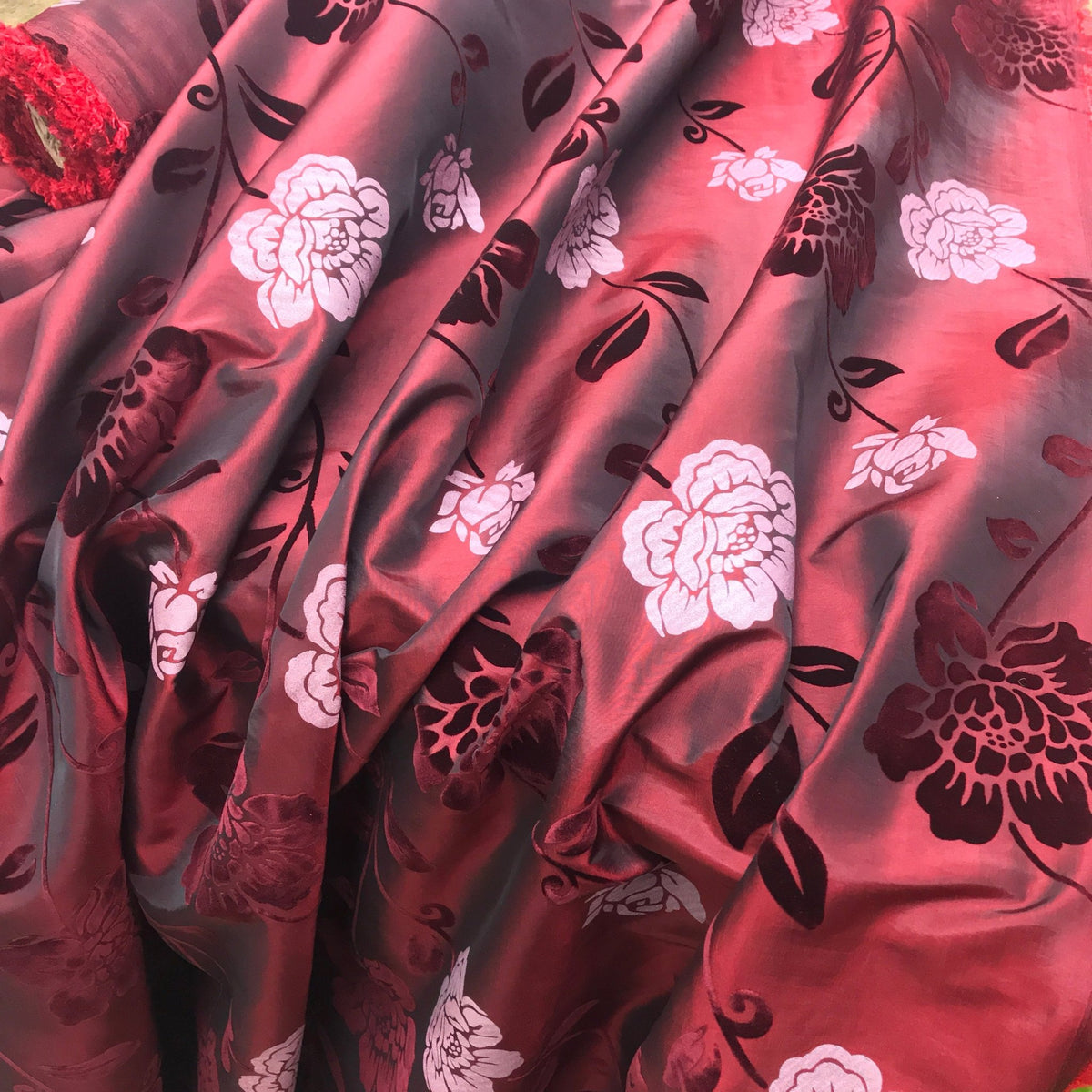 Wine/Red Velvet Flock Taffeta Fabric Silver Floral Roses Dress Material 150cm - Bull Ring Fabrics