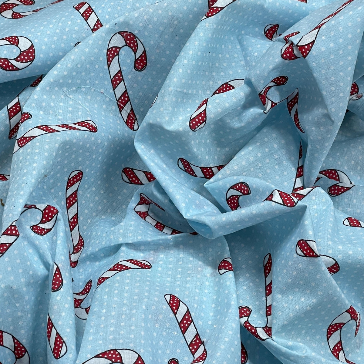 Xmas Candy Cane White Pinspots Polycotton Fabric 45", Sky Blue - Bull Ring Fabrics