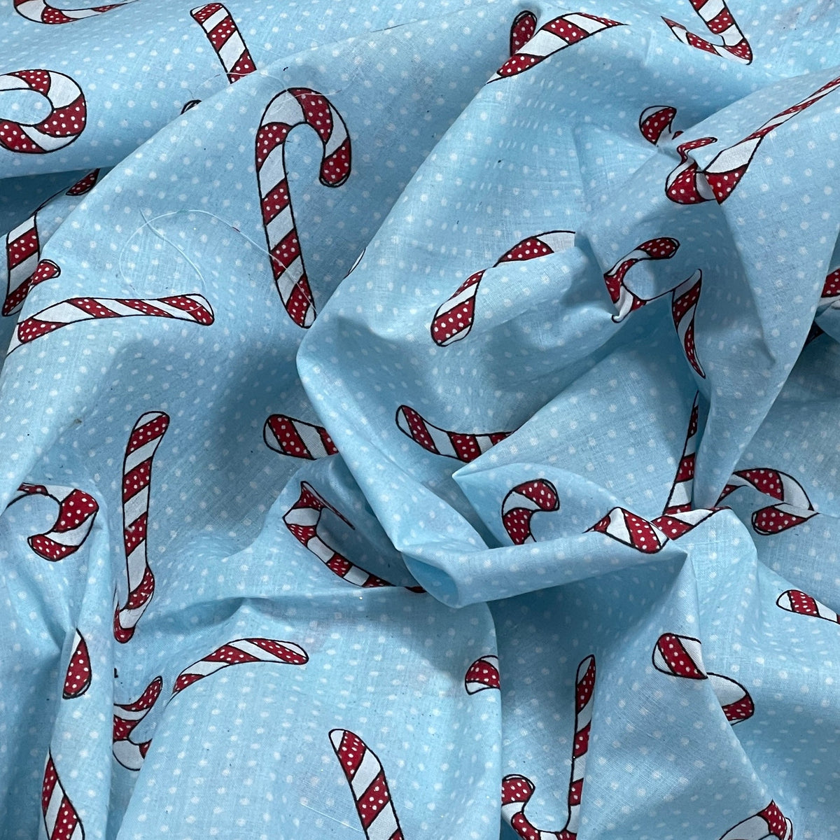 Xmas Candy Cane White Pinspots Polycotton Fabric 45", Sky Blue - Bull Ring Fabrics