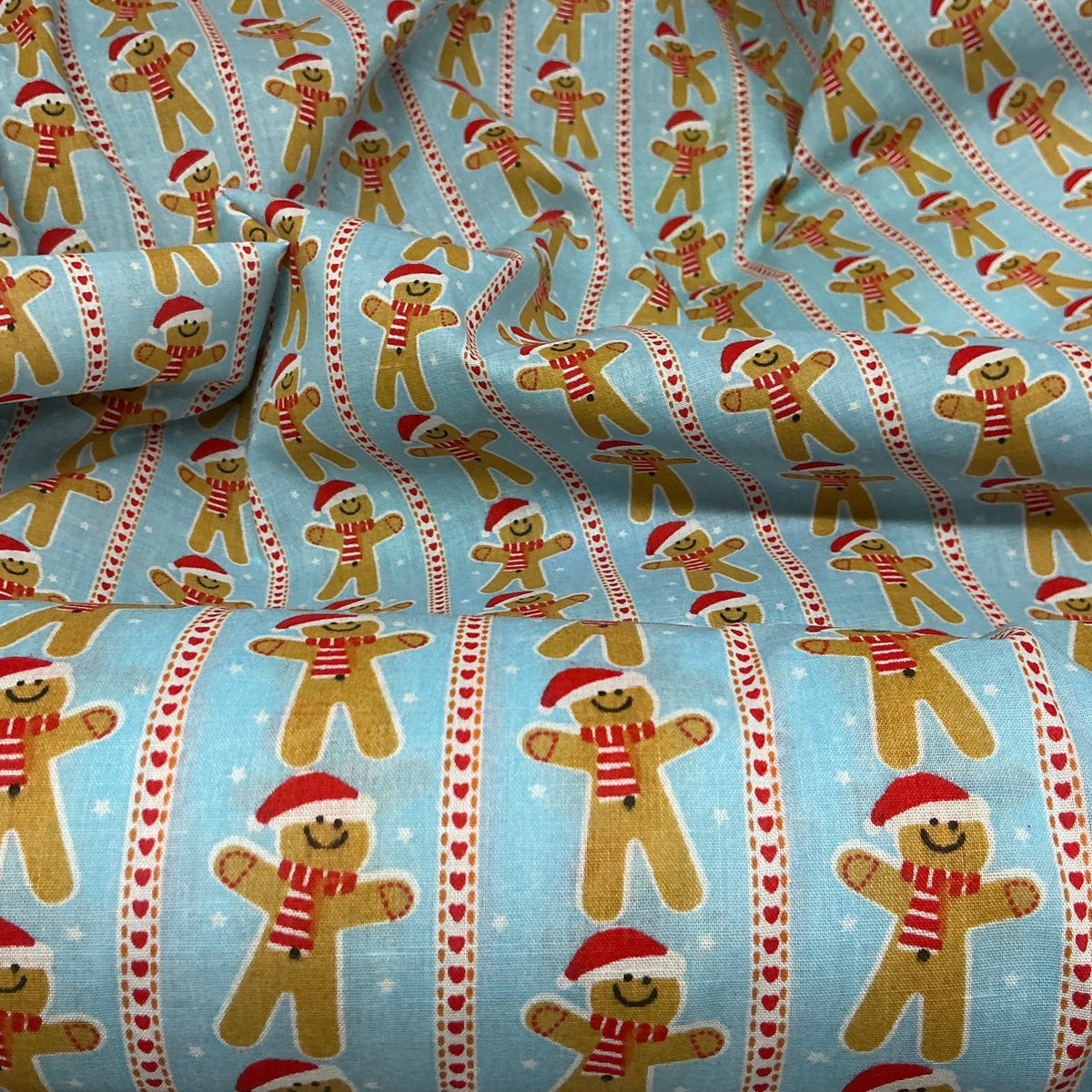 Xmas Gingerbread Man Striped Polycotton Fabric 45", Sky Blue - Bull Ring Fabrics
