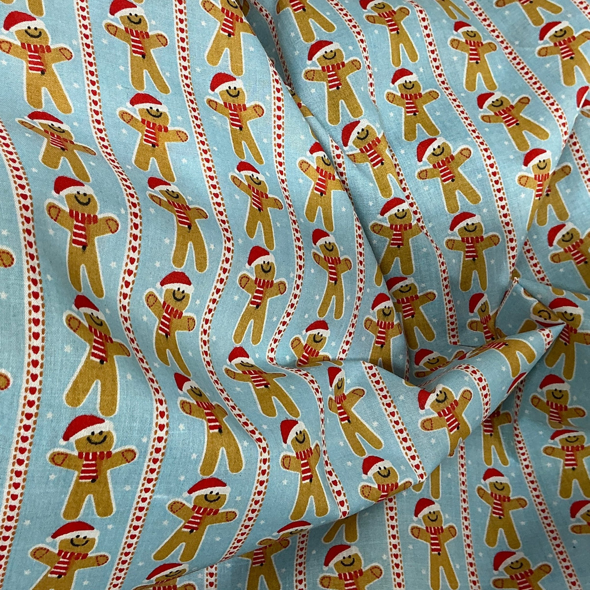 Xmas Gingerbread Man Striped Polycotton Fabric 45", Sky Blue - Bull Ring Fabrics