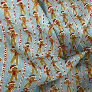 Xmas Gingerbread Man Striped Polycotton Fabric 45", Sky Blue