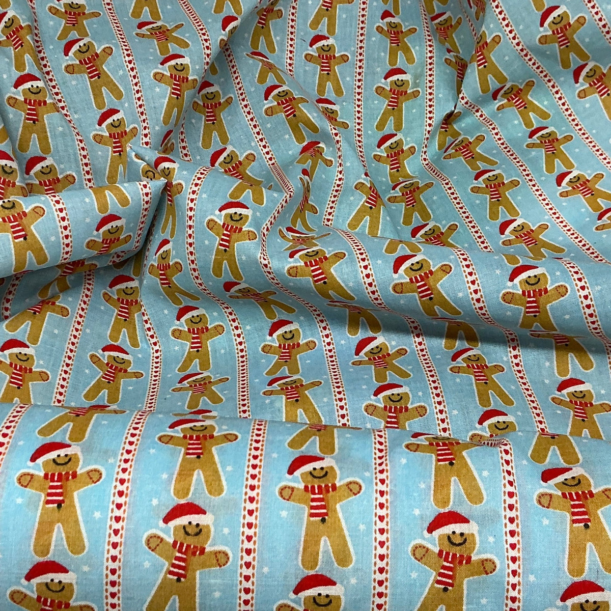 Xmas Gingerbread Man Striped Polycotton Fabric 45", Sky Blue - Bull Ring Fabrics