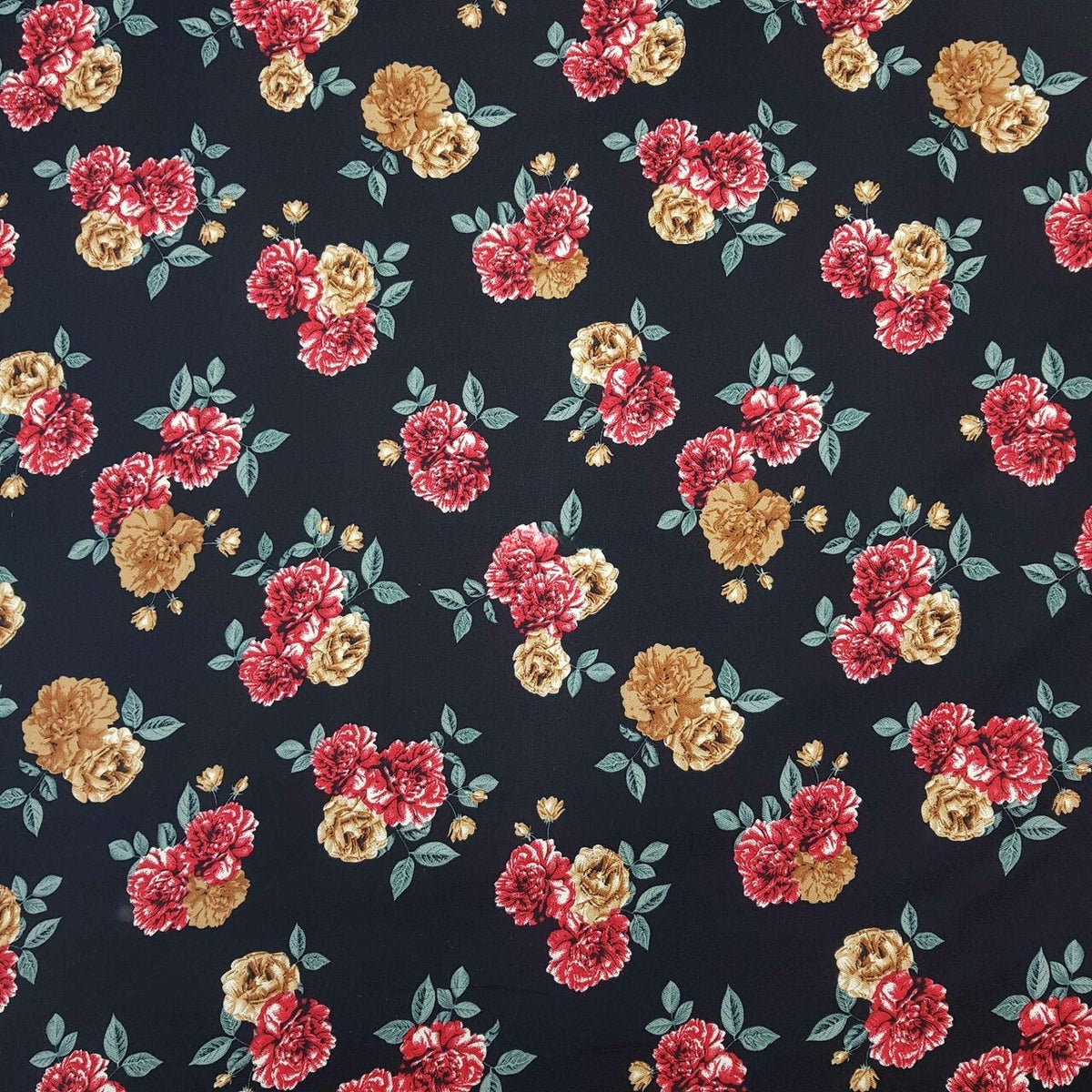 100% Viscose Floral Roses Summer Dress Fabric 60", Black - Bull Ring Fabrics