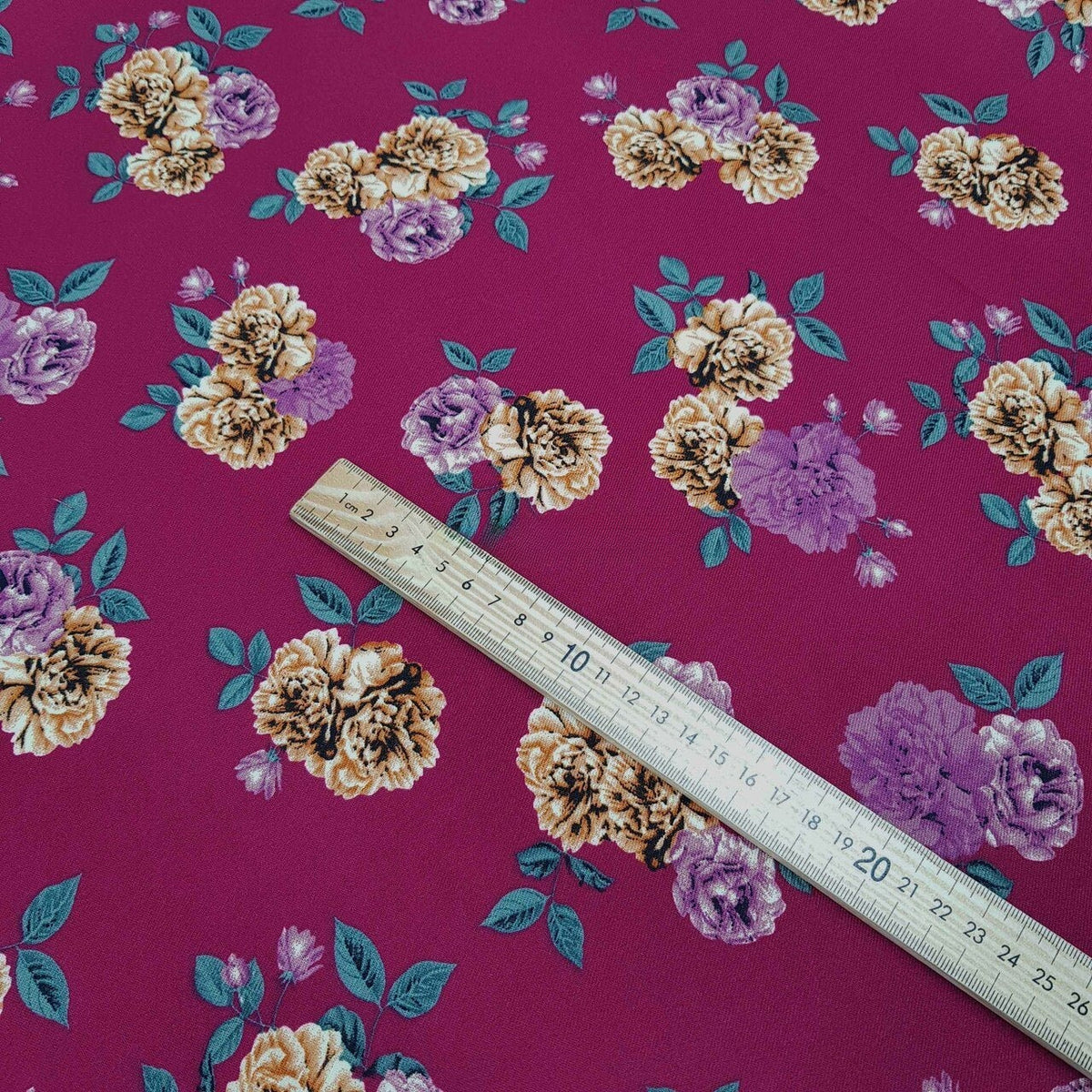 100% Viscose Floral Roses Summer Dress Fabric 60", Wine - Bull Ring Fabrics