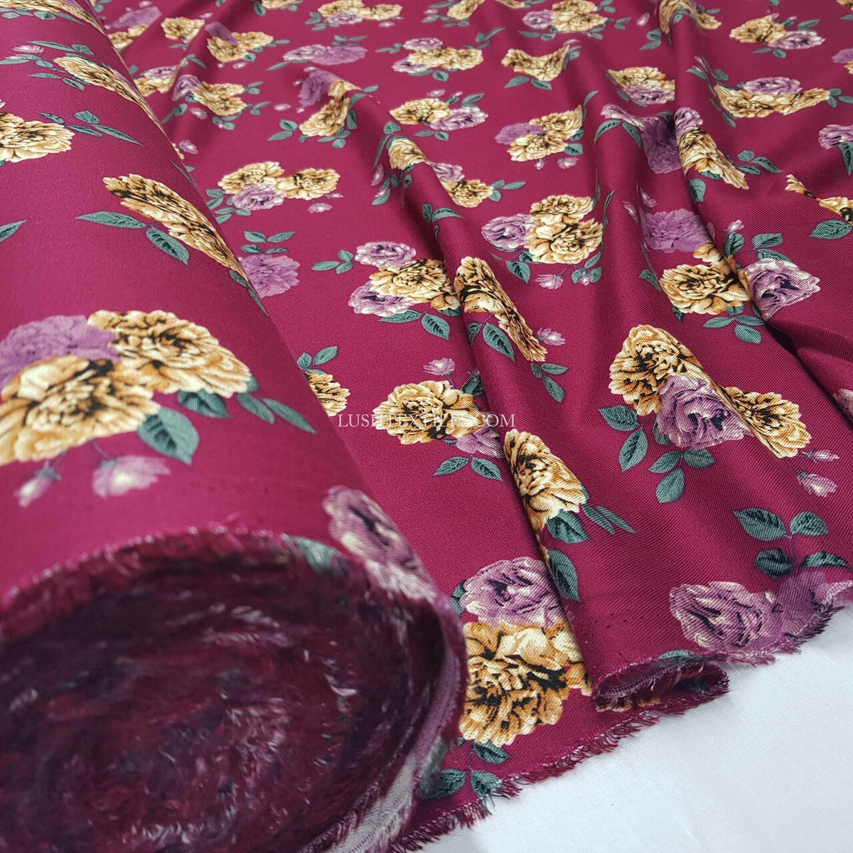 100% Viscose Floral Roses Summer Dress Fabric 60", Wine - Bull Ring Fabrics
