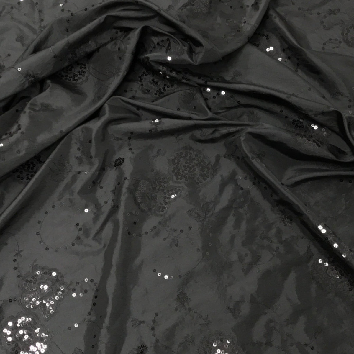 Black Floral Sequin Taffeta Fabric Dress Bridal Abaya Material - Bull Ring Fabrics