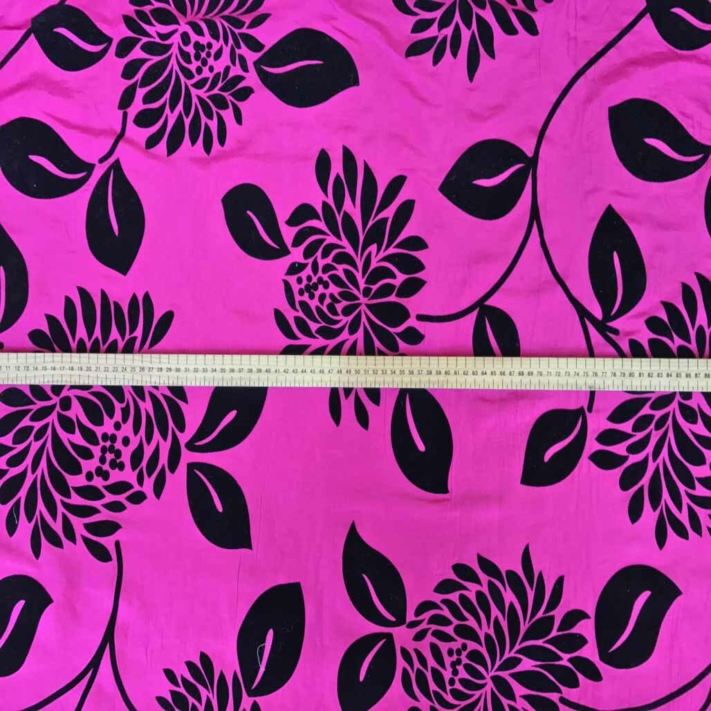 Black Floral Velvet Flock Taffeta Fabric, Cerise - Bull Ring Fabrics