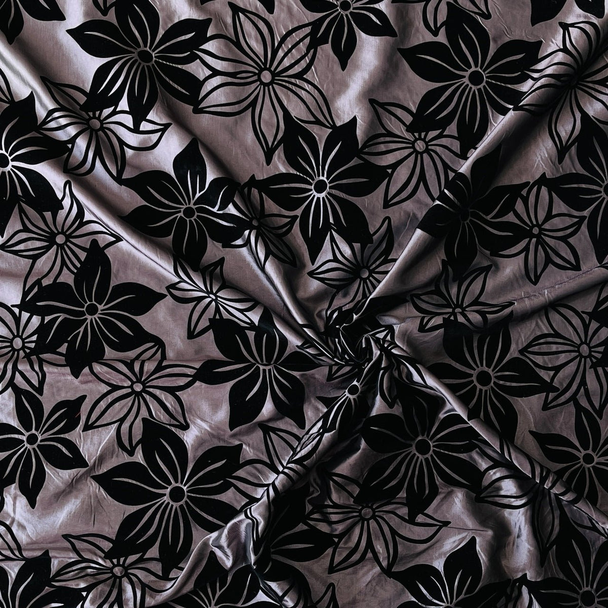 Black Flower Velvet Flock Taffeta Fabric, Aubergine - Bull Ring Fabrics