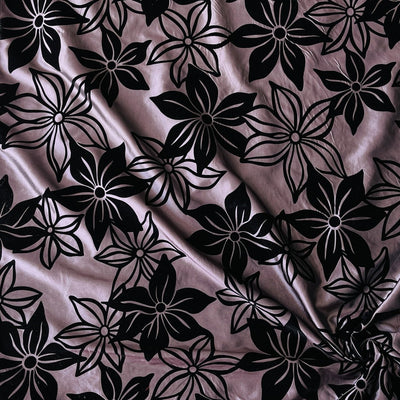 Black Flower Velvet Flock Taffeta Fabric, Aubergine - Bull Ring Fabrics