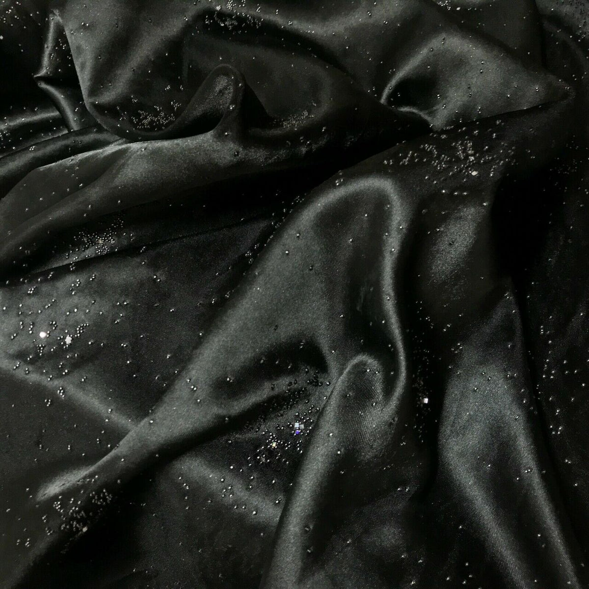 Black Satin Fabric Small Silver Gemstones Dress Draping Material 60" - Bull Ring Fabrics