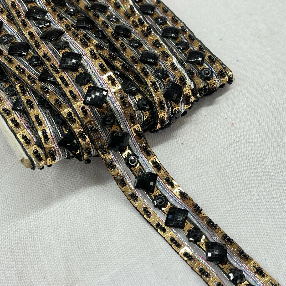 Black Stone Diamond Cut Gold Lace Trimming Wedding Dress Neck Hem Arms/Skirt Top - Bull Ring Fabrics