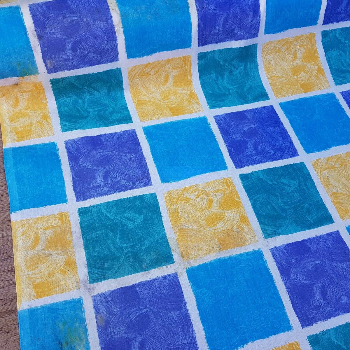 Blue & Yellow Squares Poly Cotton Sheeting Fabric NHS SCRUBS Crafts 200cm WIDE - Bull Ring Fabrics
