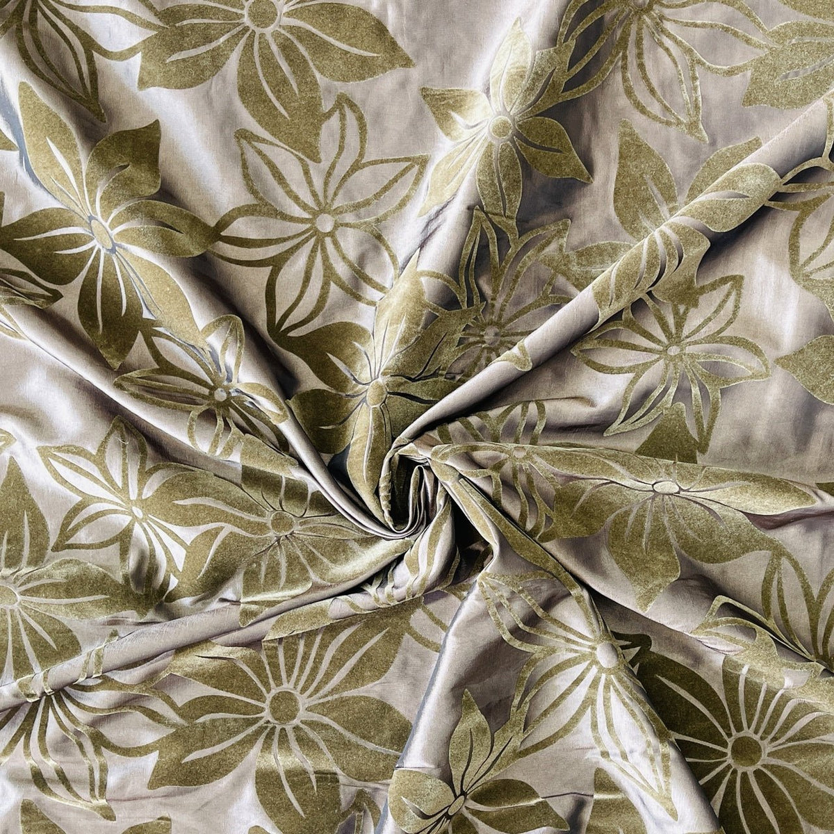 Brown Floral Velvet Flock Taffeta Fabric, Brown - Bull Ring Fabrics