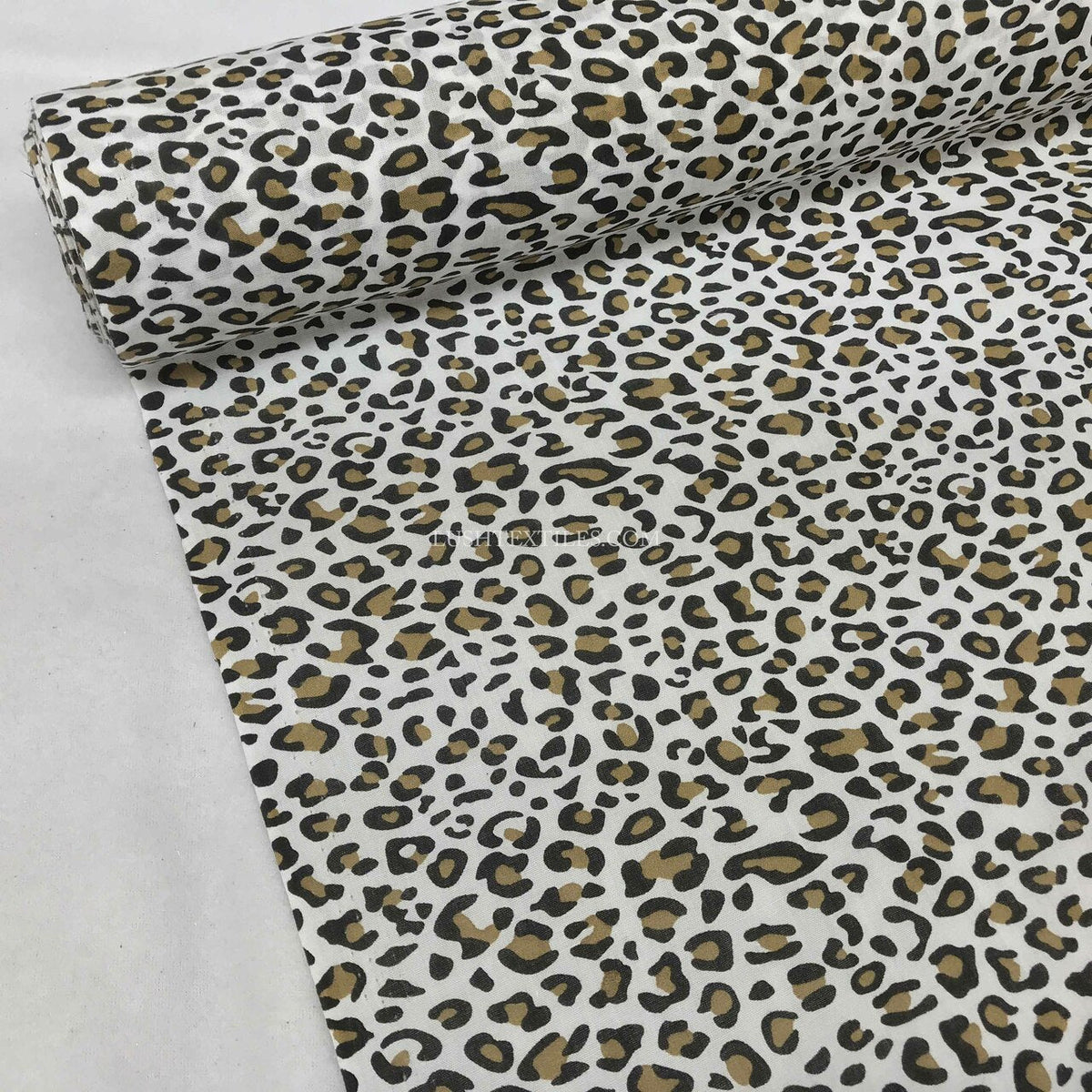 Brown Leopard Spots Animal Print Polycotton Fabric, White - Bull Ring Fabrics
