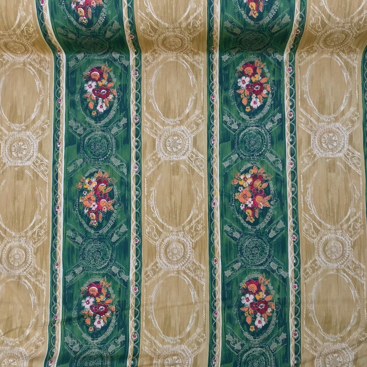 Cadeau Damask Vintage Blossom Floral Cotton Fabric 140cm, Green/Gold - Bull Ring Fabrics