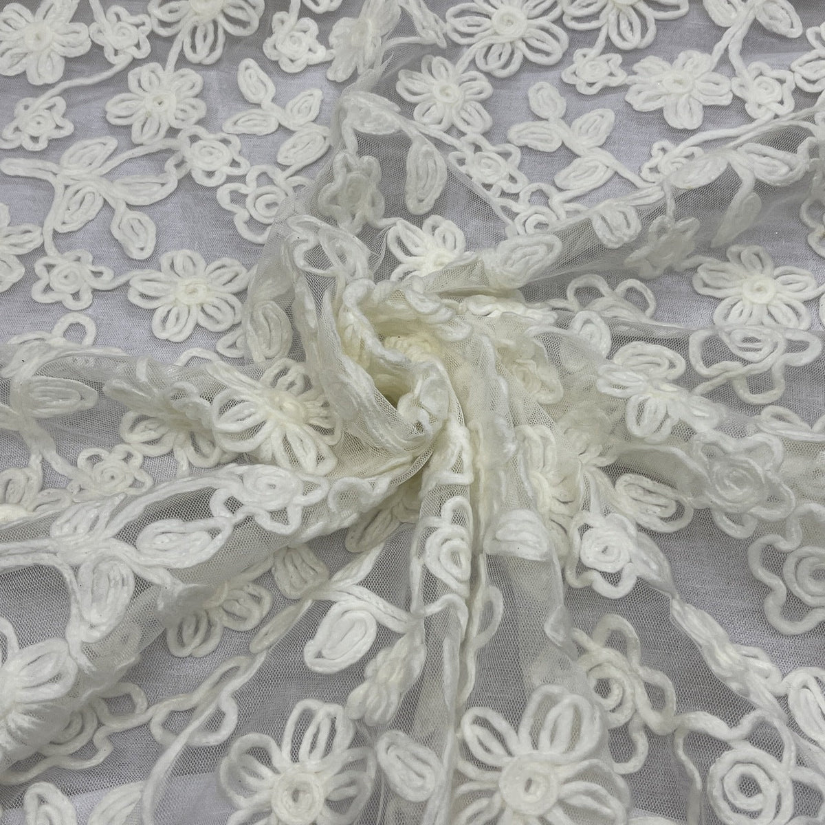 Chantilly Floral Rope Pattern Lace Net Frill Dress Fabric, Cream - Bull Ring Fabrics