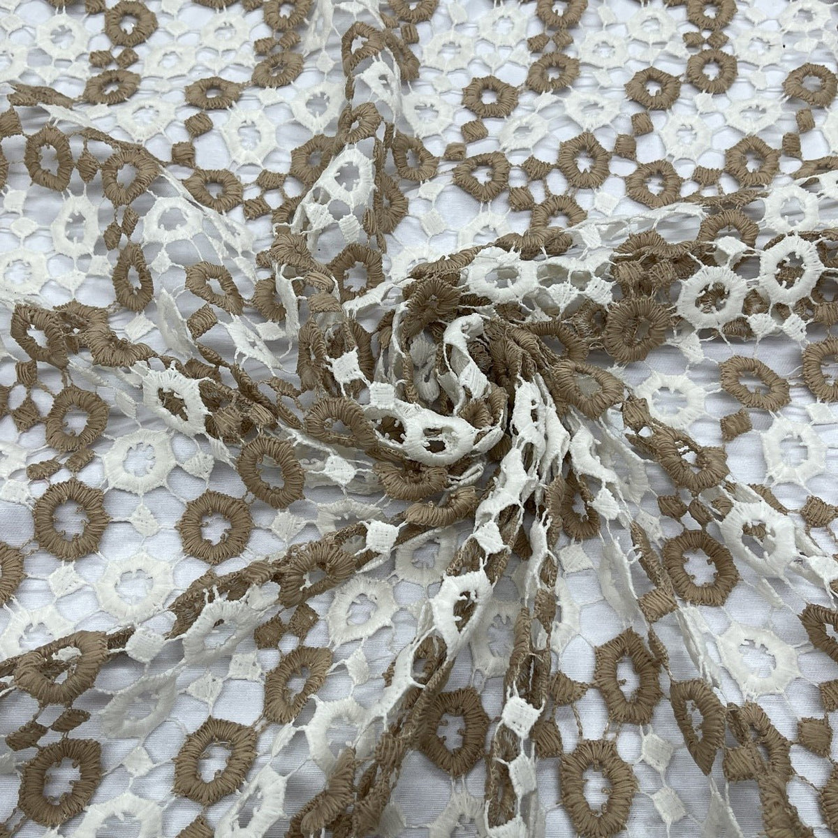 Chantilly Lace Net Frill Dress Fabric, Brown/White - Bull Ring Fabrics