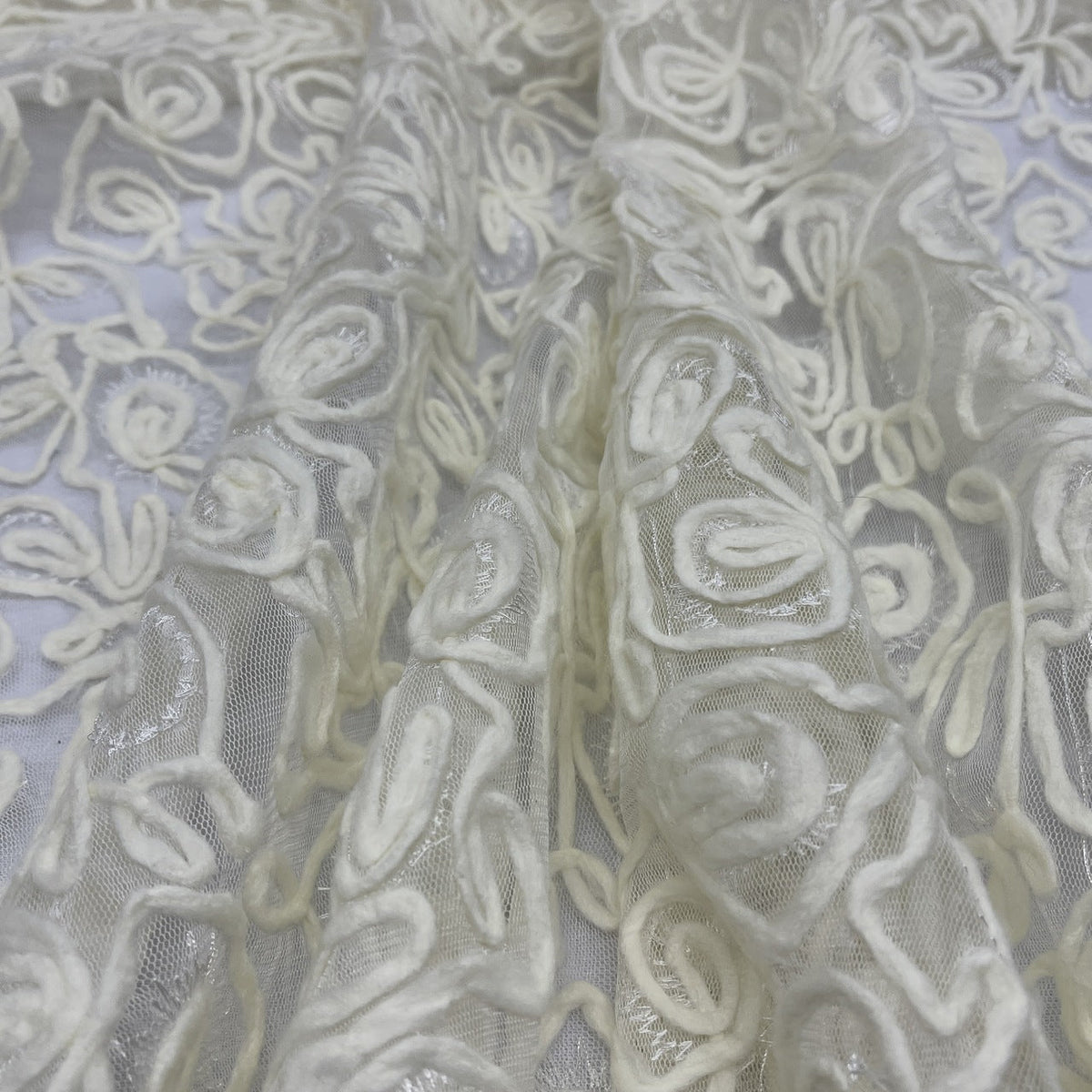 Chantilly Rope Pattern Lace Net Frill Dress Fabric, Cream - Bull Ring Fabrics