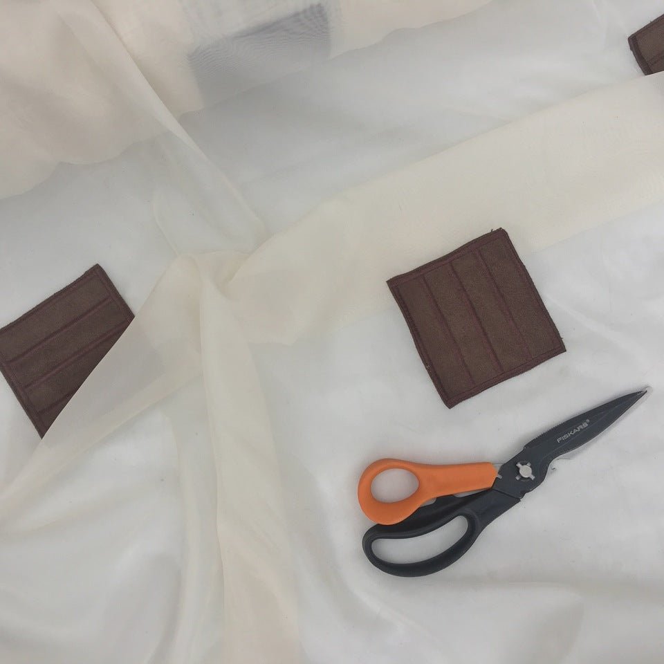Chocolate Brown Suede Patch Voile Net Curtain Fabric, Cream - Bull Ring Fabrics