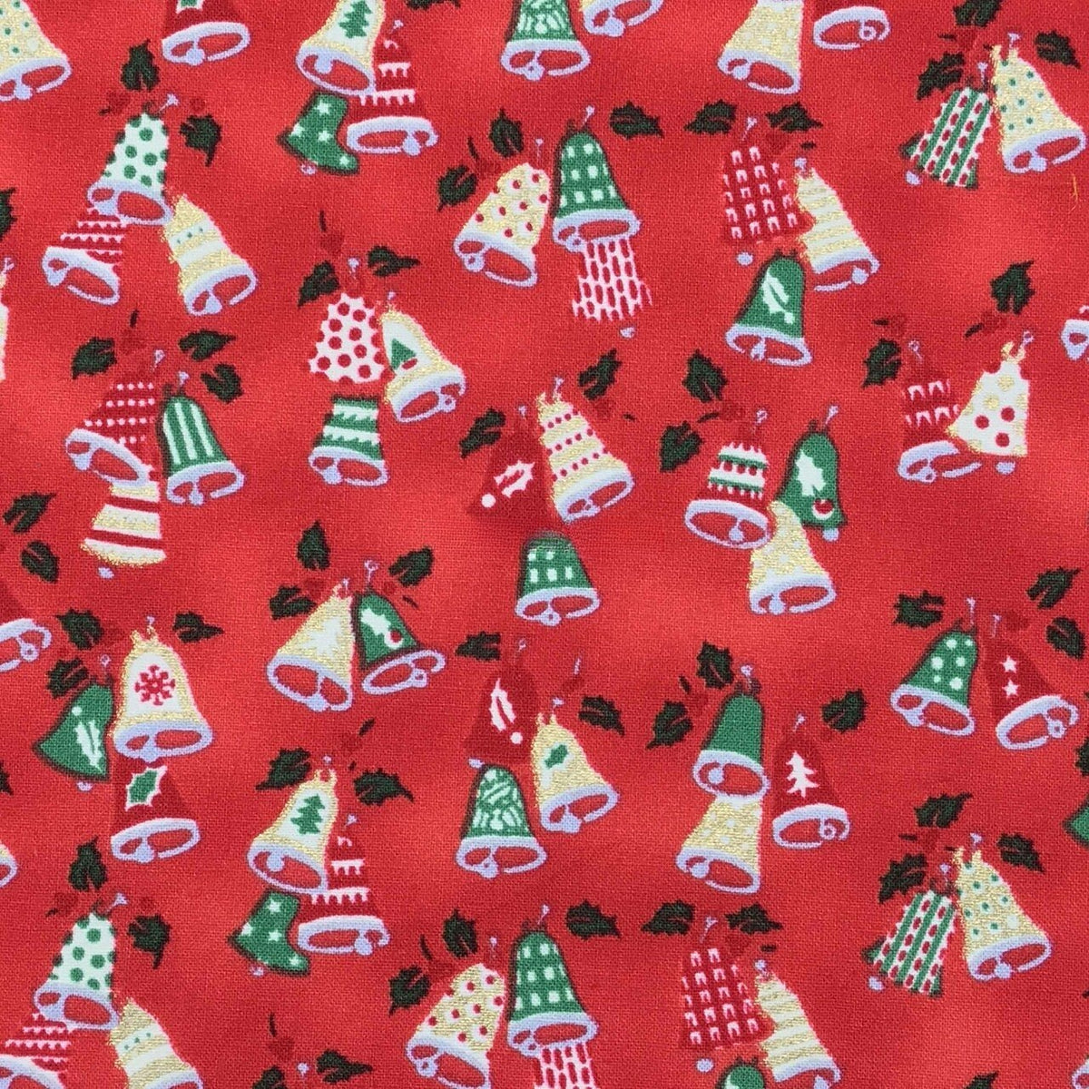 Christmas Bells Xmas Print Cotton Fabric, Red - Bull Ring Fabrics