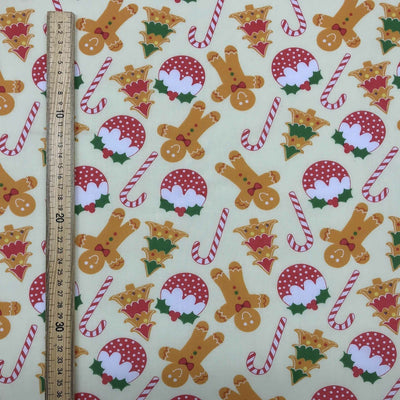Christmas Pudding & Gingerbread Men Polycotton Xmas Fabric 45", Cream - Bull Ring Fabrics