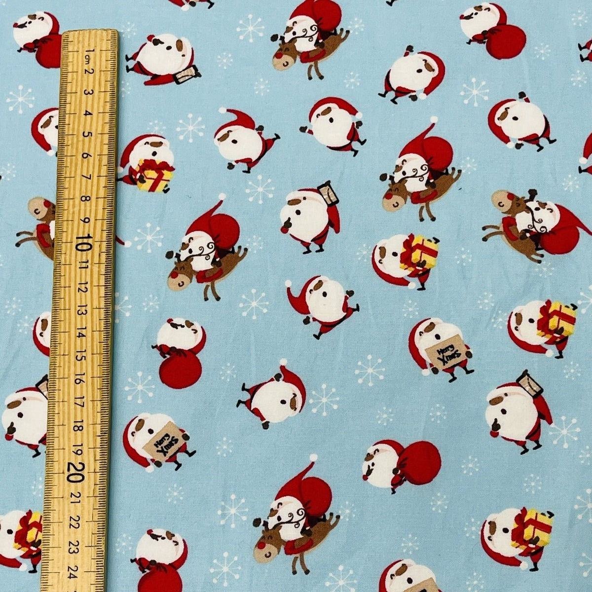 Christmas Santa & Rudolf Xmas Print Cotton Fabric, Blue - Bull Ring Fabrics