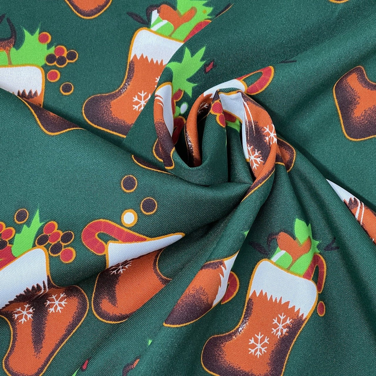 Christmas Stockings Polyester Bi-Stretch Fabric, Green - Bull Ring Fabrics