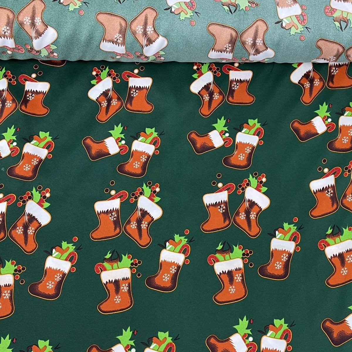 Christmas Stockings Polyester Bi-Stretch Fabric, Green - Bull Ring Fabrics