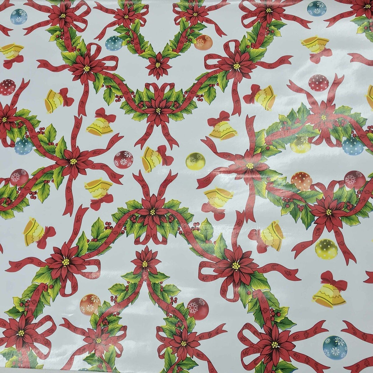 Christmas Wreaths & Bells Tablecloth PVC Fabric Xmas, White - Bull Ring Fabrics