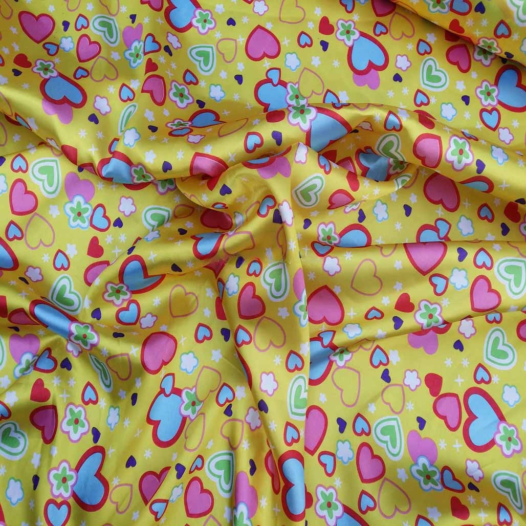 Colourful Retro Satin Fabric Love Hearts & Flowers Print 60" - Bull Ring Fabrics
