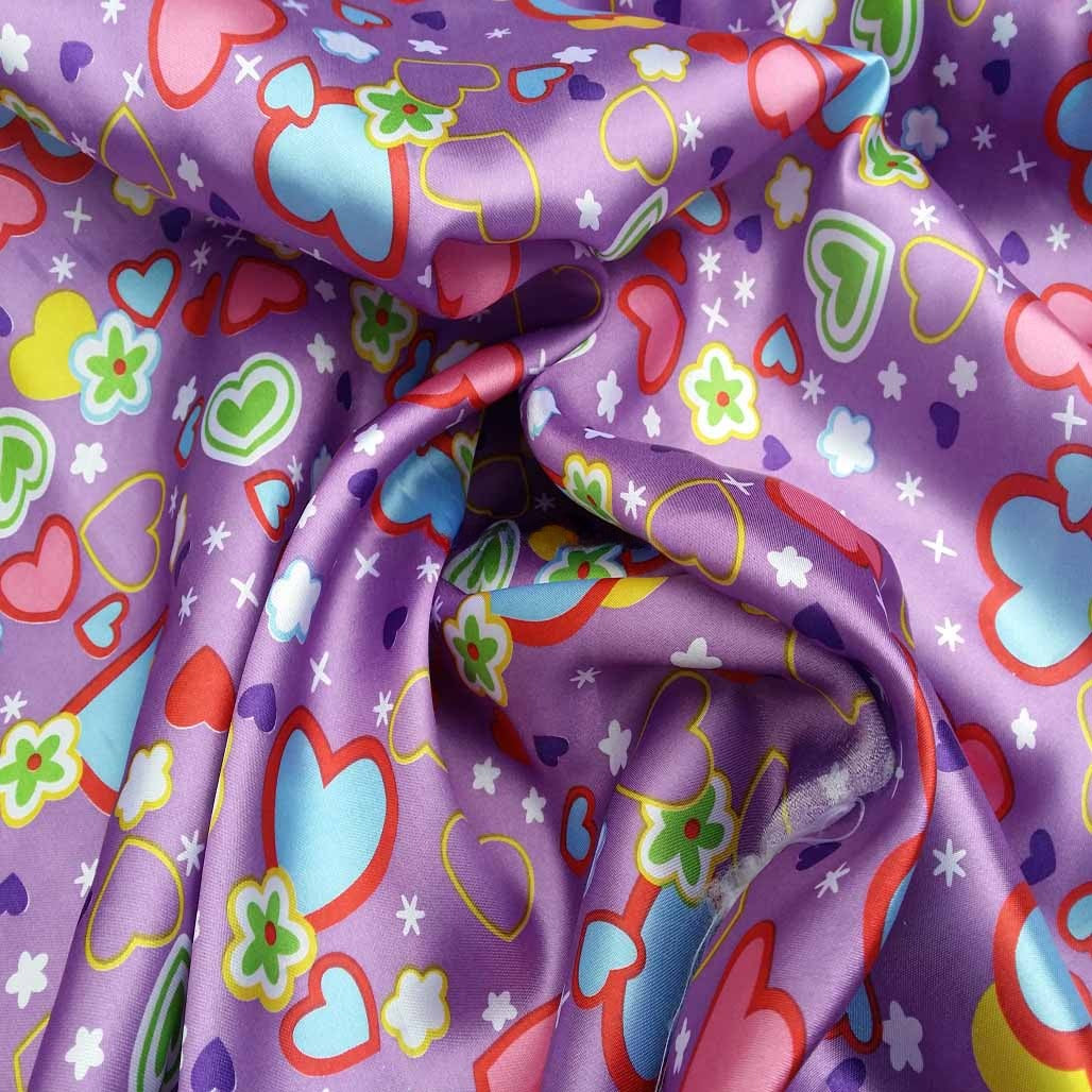Colourful Retro Satin Fabric Love Hearts & Flowers Print 60" - Bull Ring Fabrics