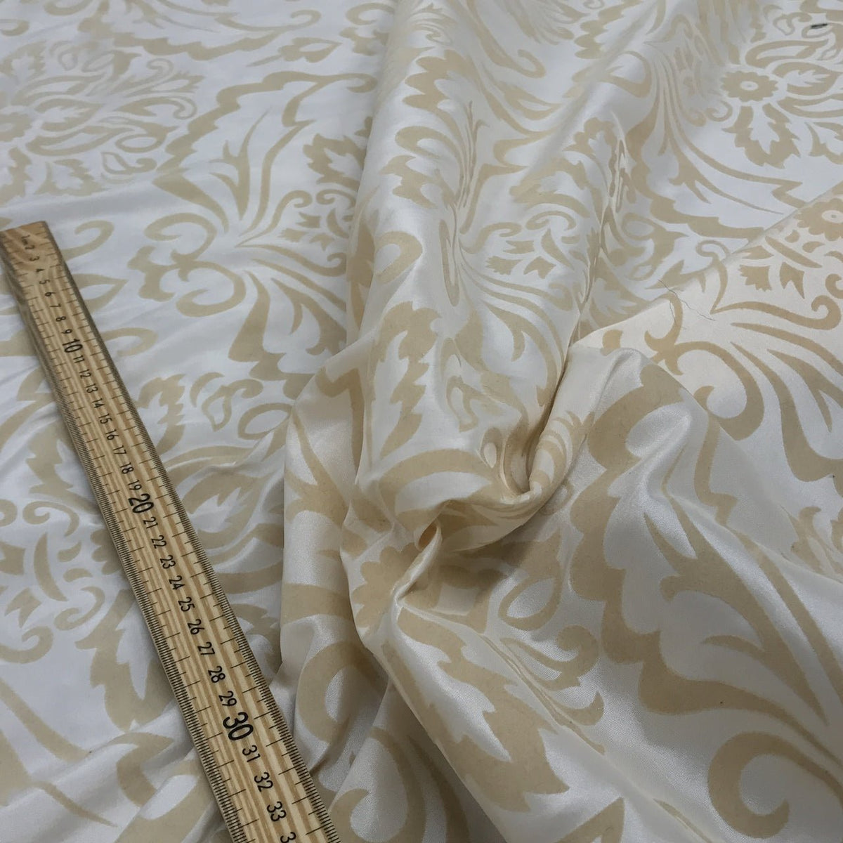 Cream Damask Velvet Flock Taffeta Fabric - Bull Ring Fabrics