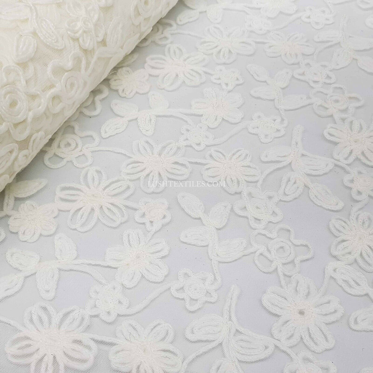 Cream Ribbon Flower French Lace Floral Fabric Net Material Wedding Bridal Dress - Bull Ring Fabrics