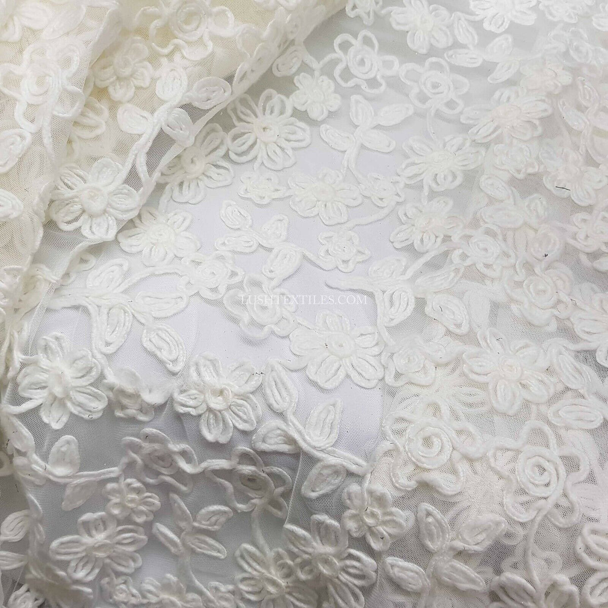 Cream Ribbon Flower French Lace Floral Fabric Net Material Wedding Bridal Dress - Bull Ring Fabrics